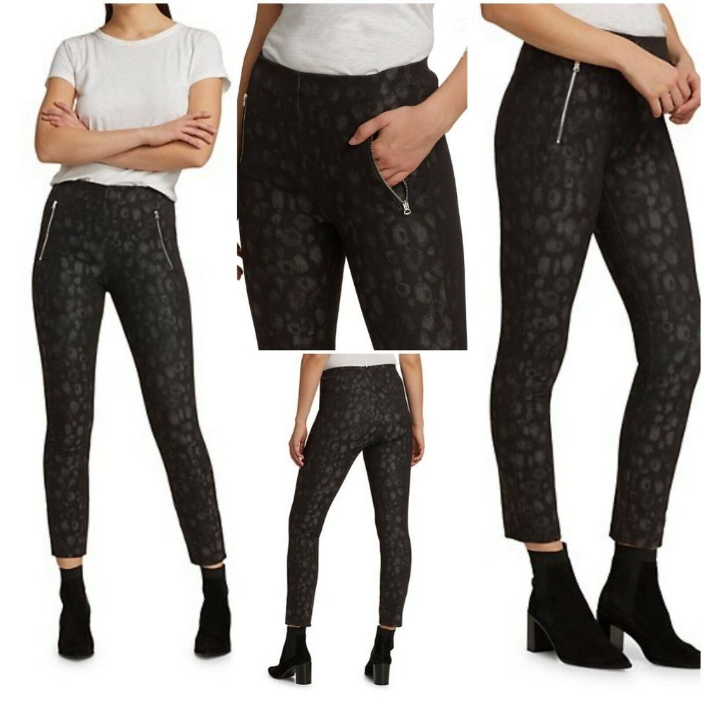 Womens Rag & Bone Simone Leopard Black Leggings Pants Zip Pockets Size 6